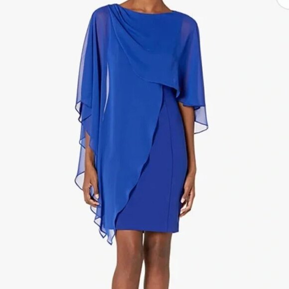 Eliza J Dresses & Skirts - Eliza J Chiffon Cape Draped Sleeveless Blue 4 Sheath‎ Evening Dress